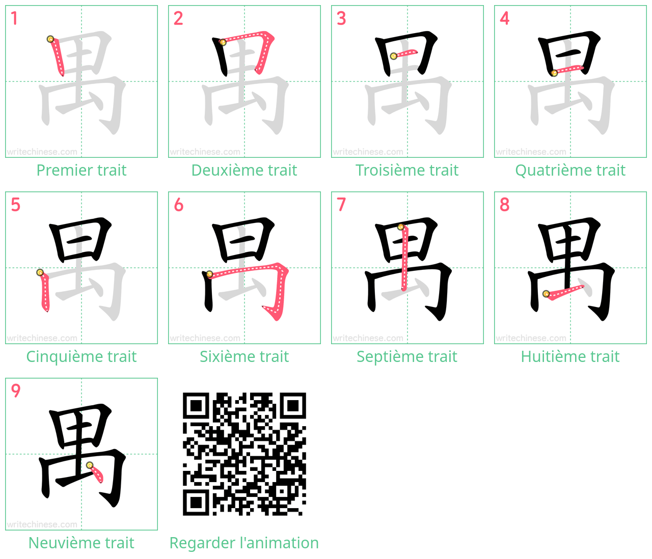 Diagrammes d'ordre des traits étape par étape pour le caractère 禺