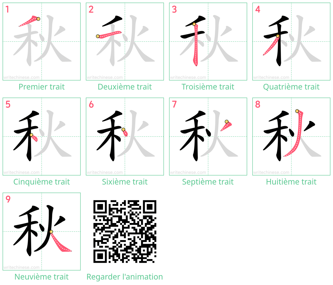 Diagrammes d'ordre des traits étape par étape pour le caractère 秋