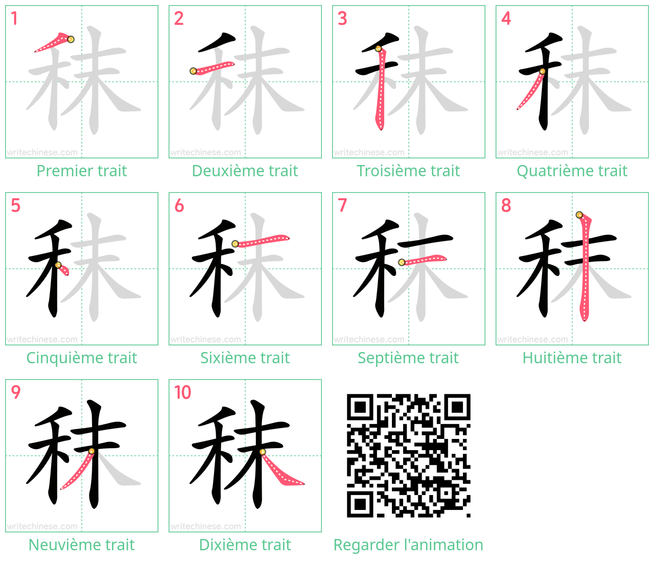 Diagrammes d'ordre des traits étape par étape pour le caractère 秣