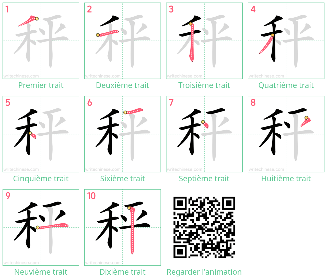 Diagrammes d'ordre des traits étape par étape pour le caractère 秤