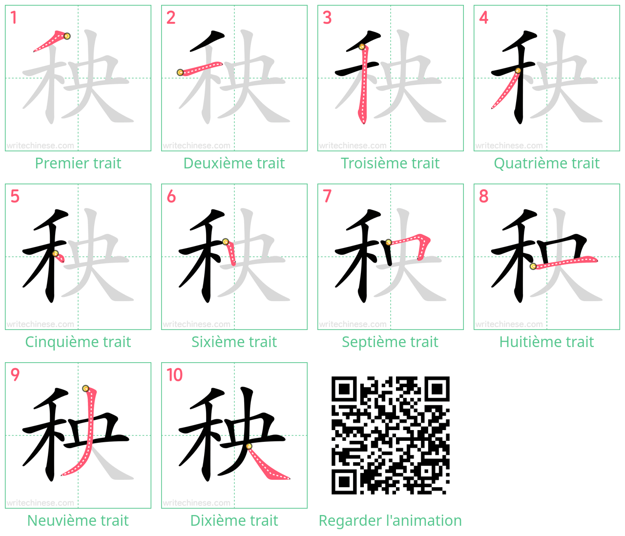 Diagrammes d'ordre des traits étape par étape pour le caractère 秧