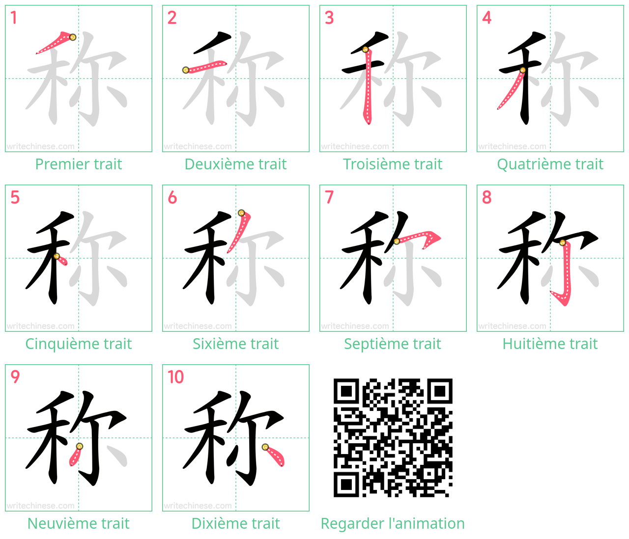 Diagrammes d'ordre des traits étape par étape pour le caractère 称