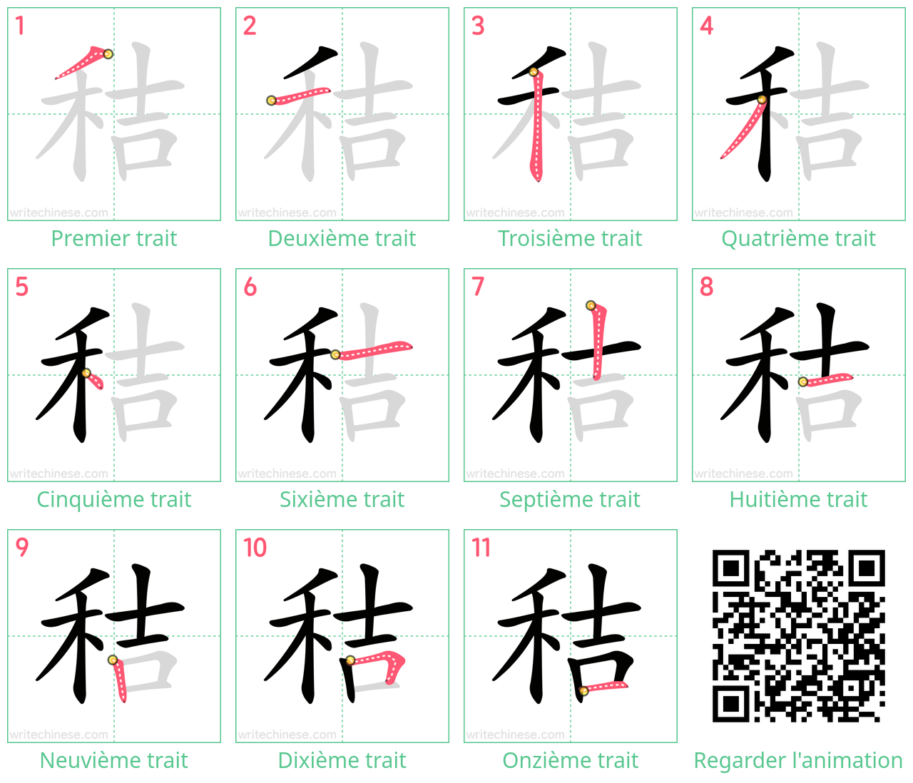 Diagrammes d'ordre des traits étape par étape pour le caractère 秸