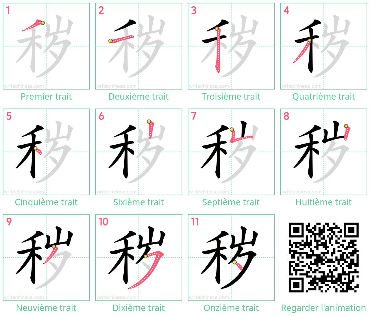 Diagrammes d'ordre des traits étape par étape pour le caractère 秽