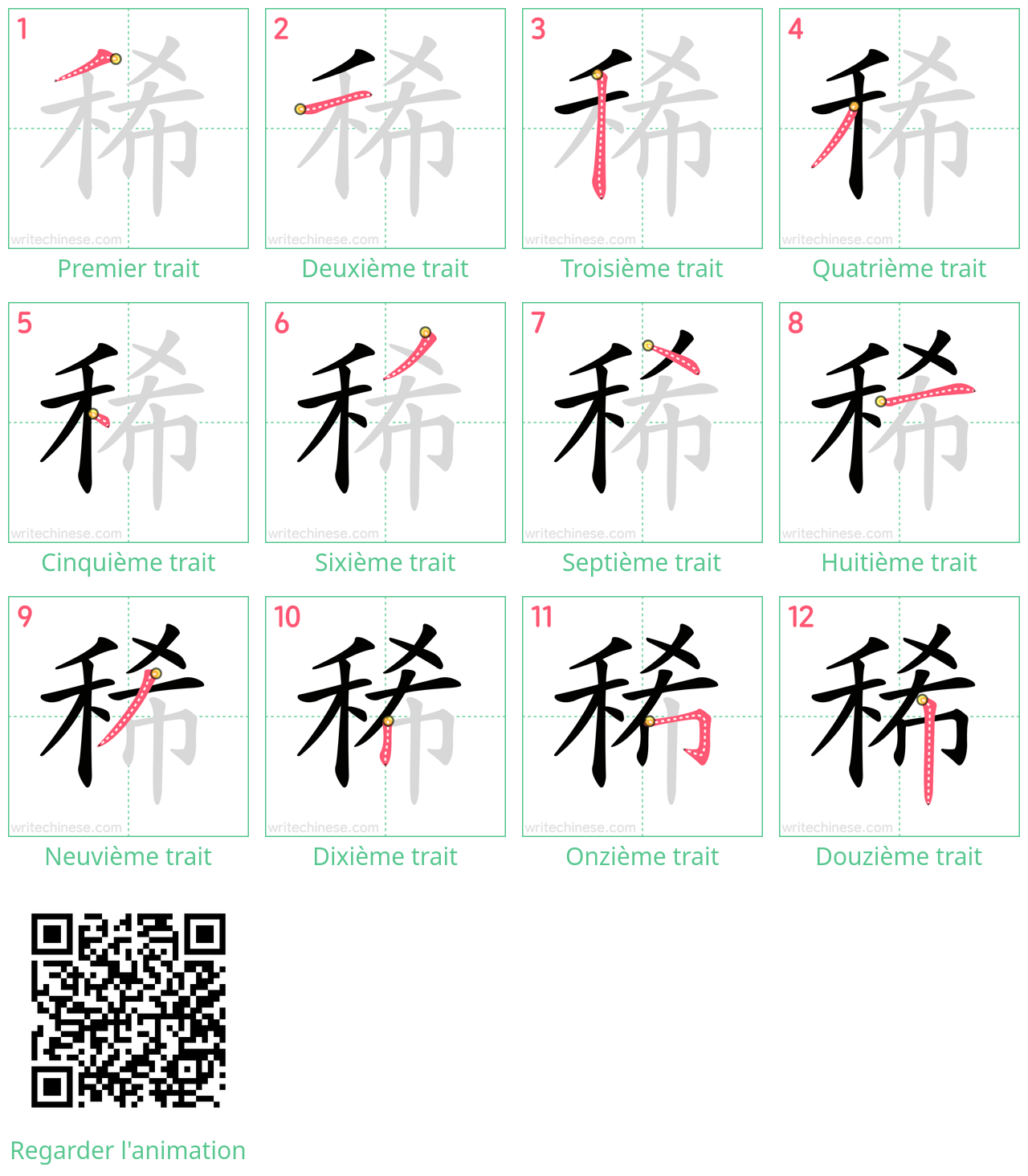 Diagrammes d'ordre des traits étape par étape pour le caractère 稀