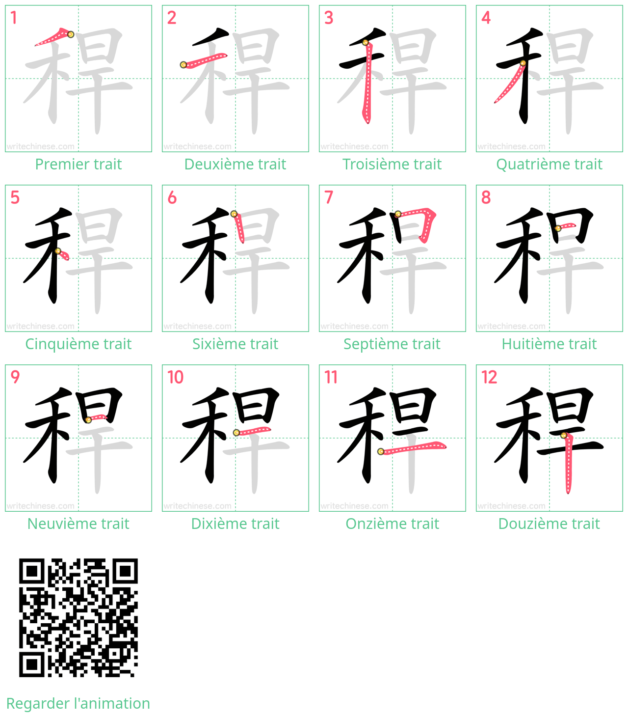 Diagrammes d'ordre des traits étape par étape pour le caractère 稈