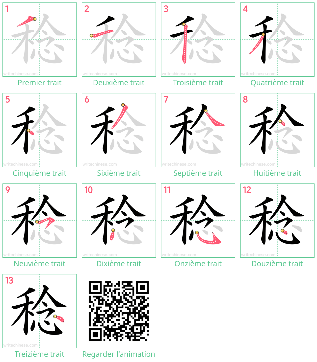 Diagrammes d'ordre des traits étape par étape pour le caractère 稔