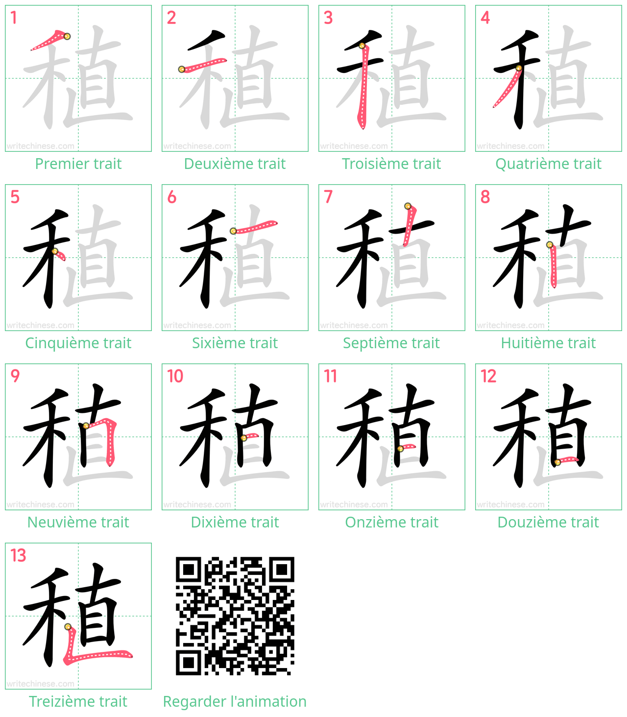 Diagrammes d'ordre des traits étape par étape pour le caractère 稙