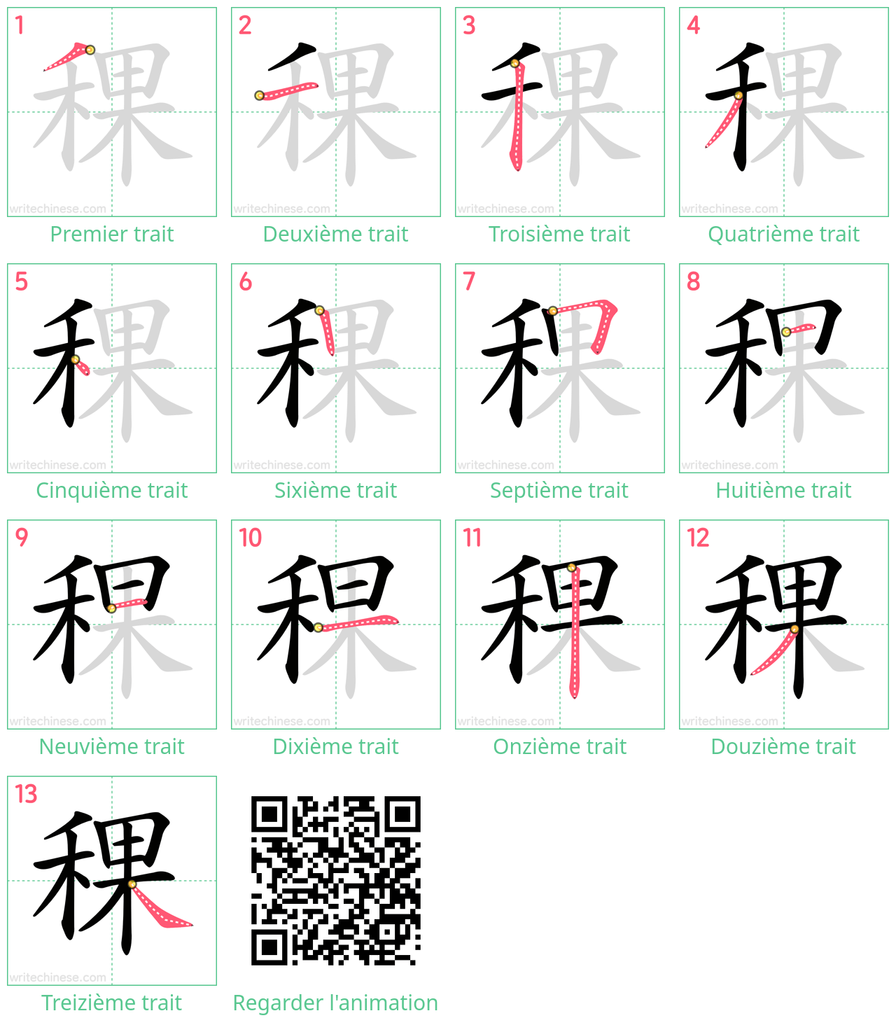 Diagrammes d'ordre des traits étape par étape pour le caractère 稞