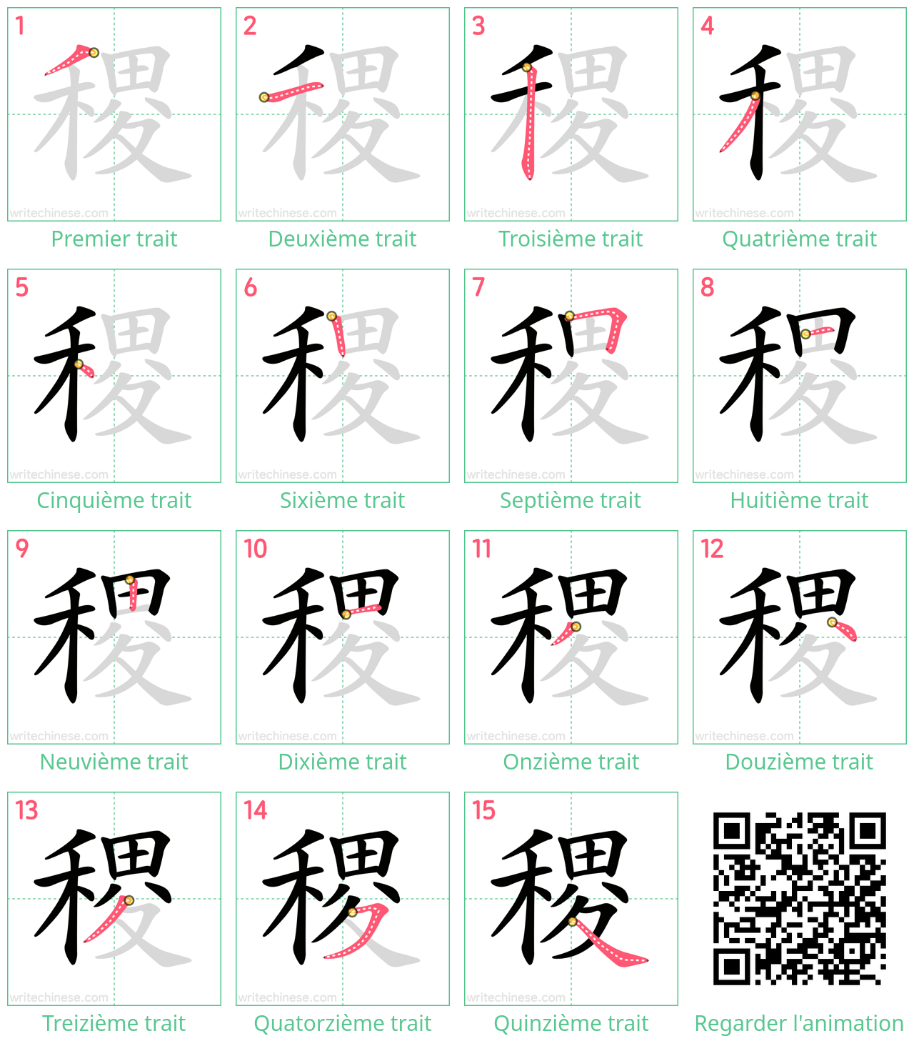 Diagrammes d'ordre des traits étape par étape pour le caractère 稷