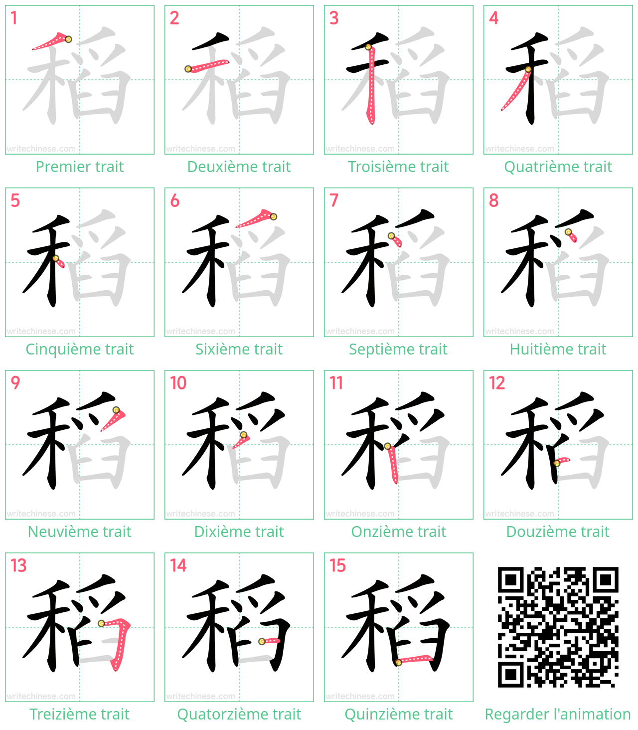 Diagrammes d'ordre des traits étape par étape pour le caractère 稻
