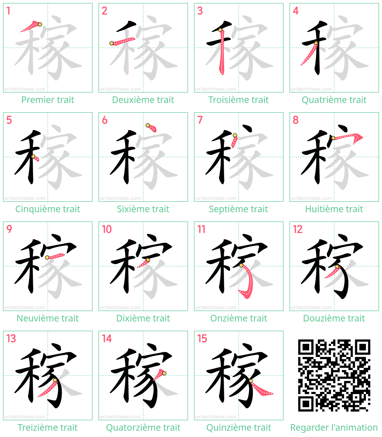 Diagrammes d'ordre des traits étape par étape pour le caractère 稼