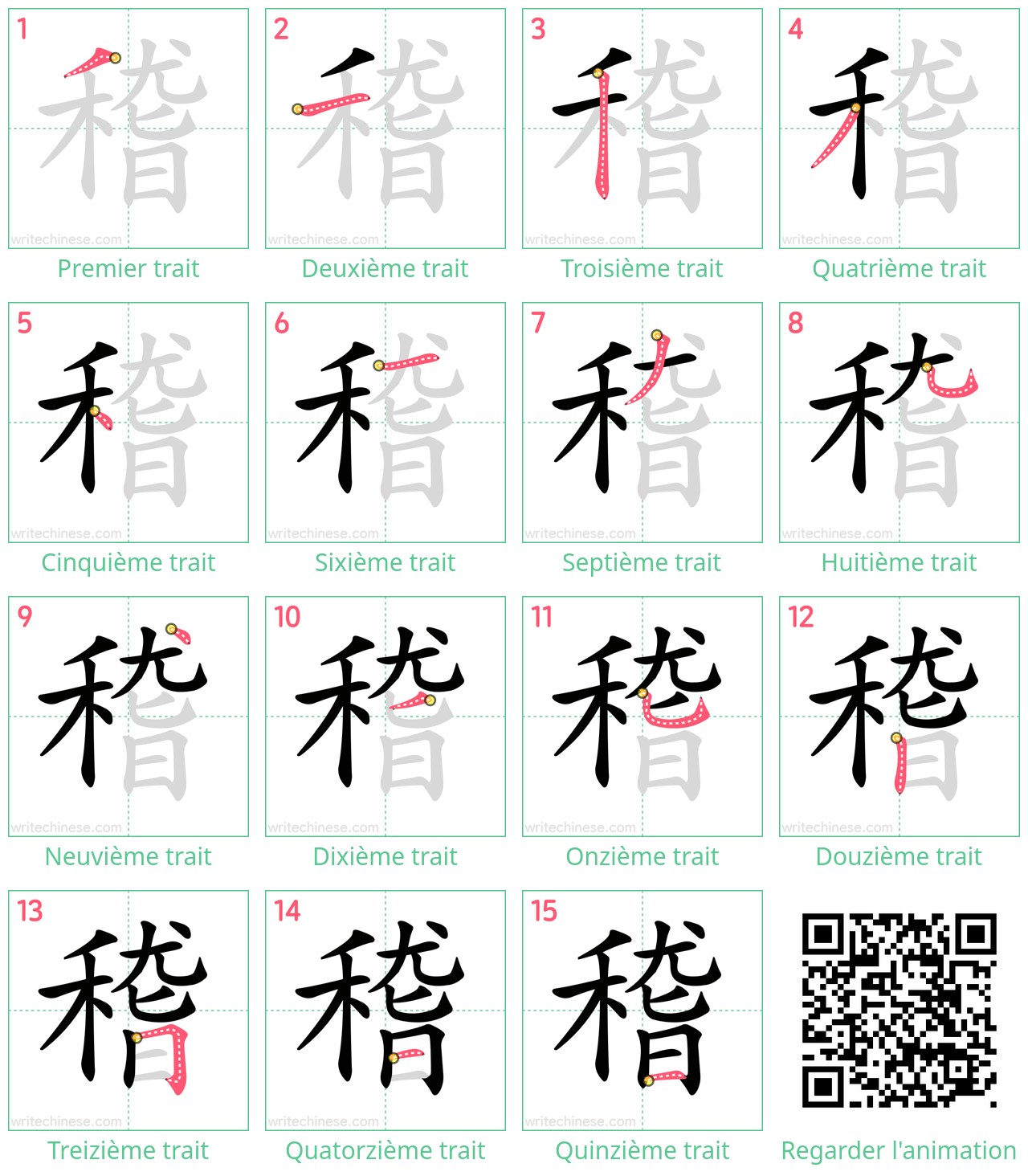 Diagrammes d'ordre des traits étape par étape pour le caractère 稽