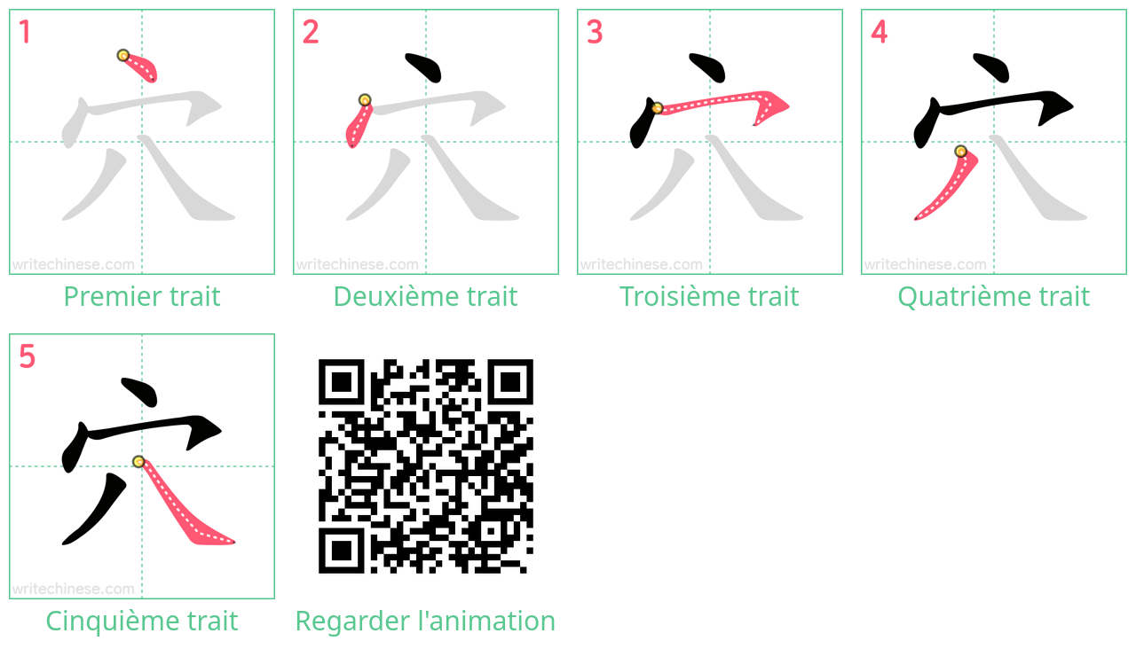 Diagrammes d'ordre des traits étape par étape pour le caractère 穴