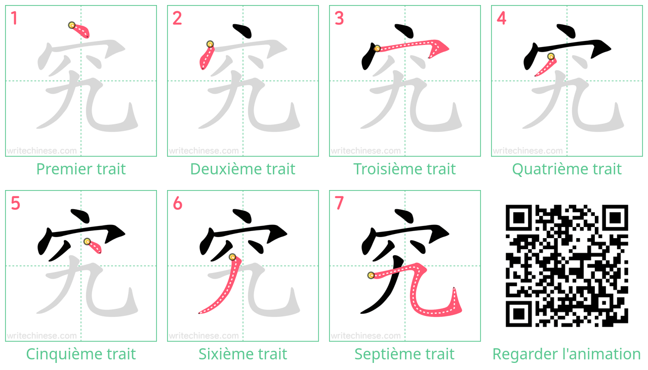 Diagrammes d'ordre des traits étape par étape pour le caractère 究