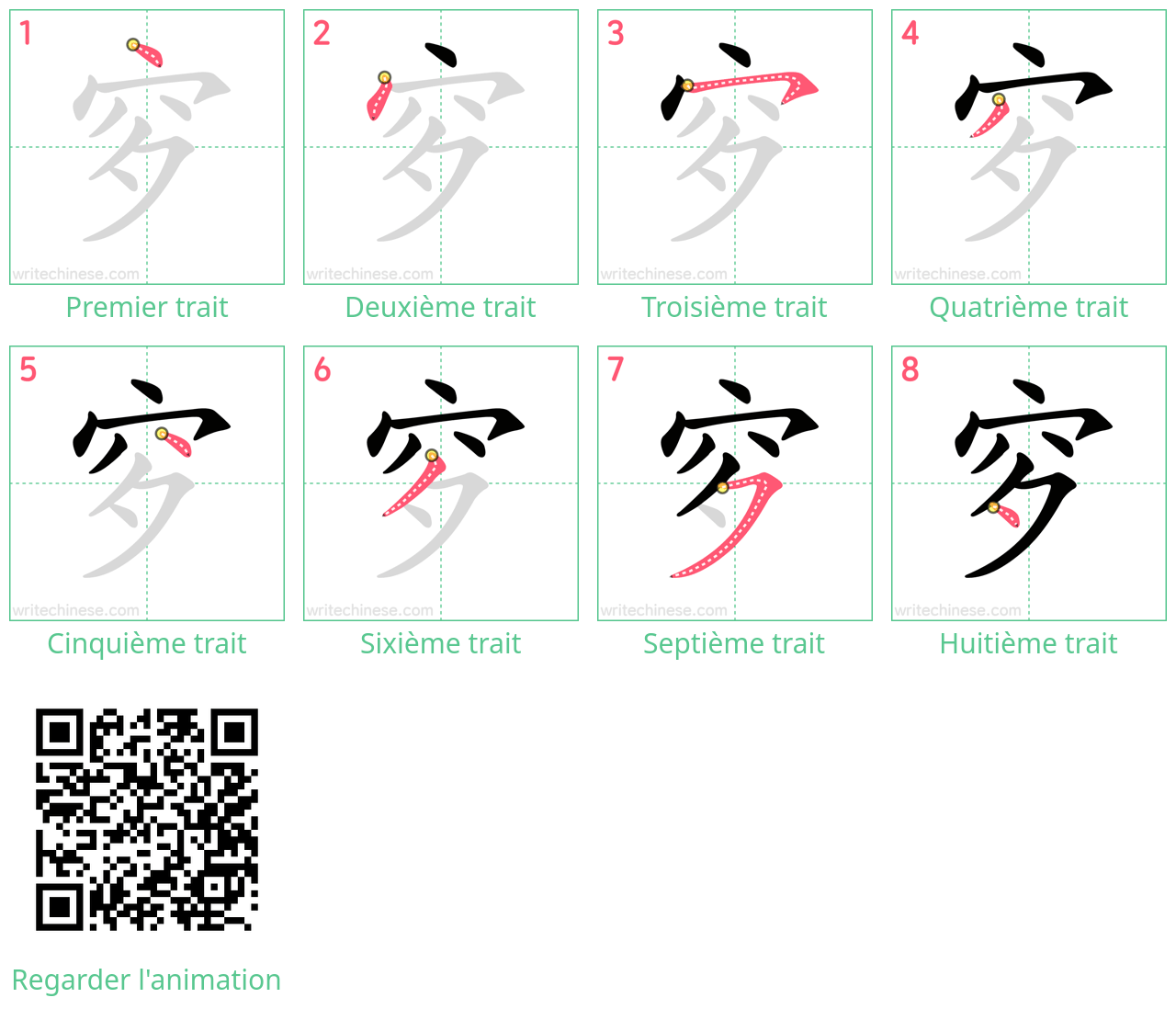 Diagrammes d'ordre des traits étape par étape pour le caractère 穸