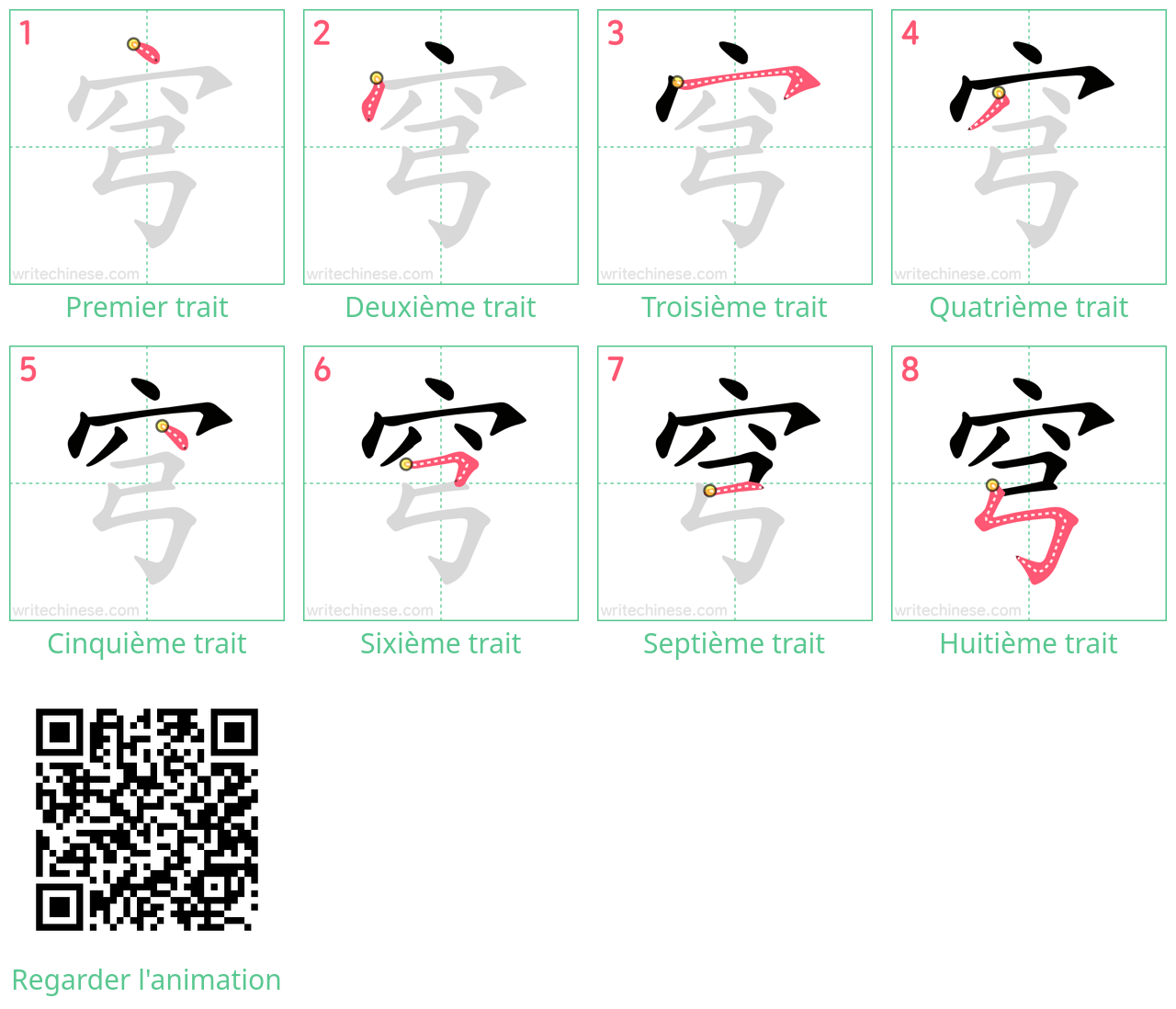Diagrammes d'ordre des traits étape par étape pour le caractère 穹