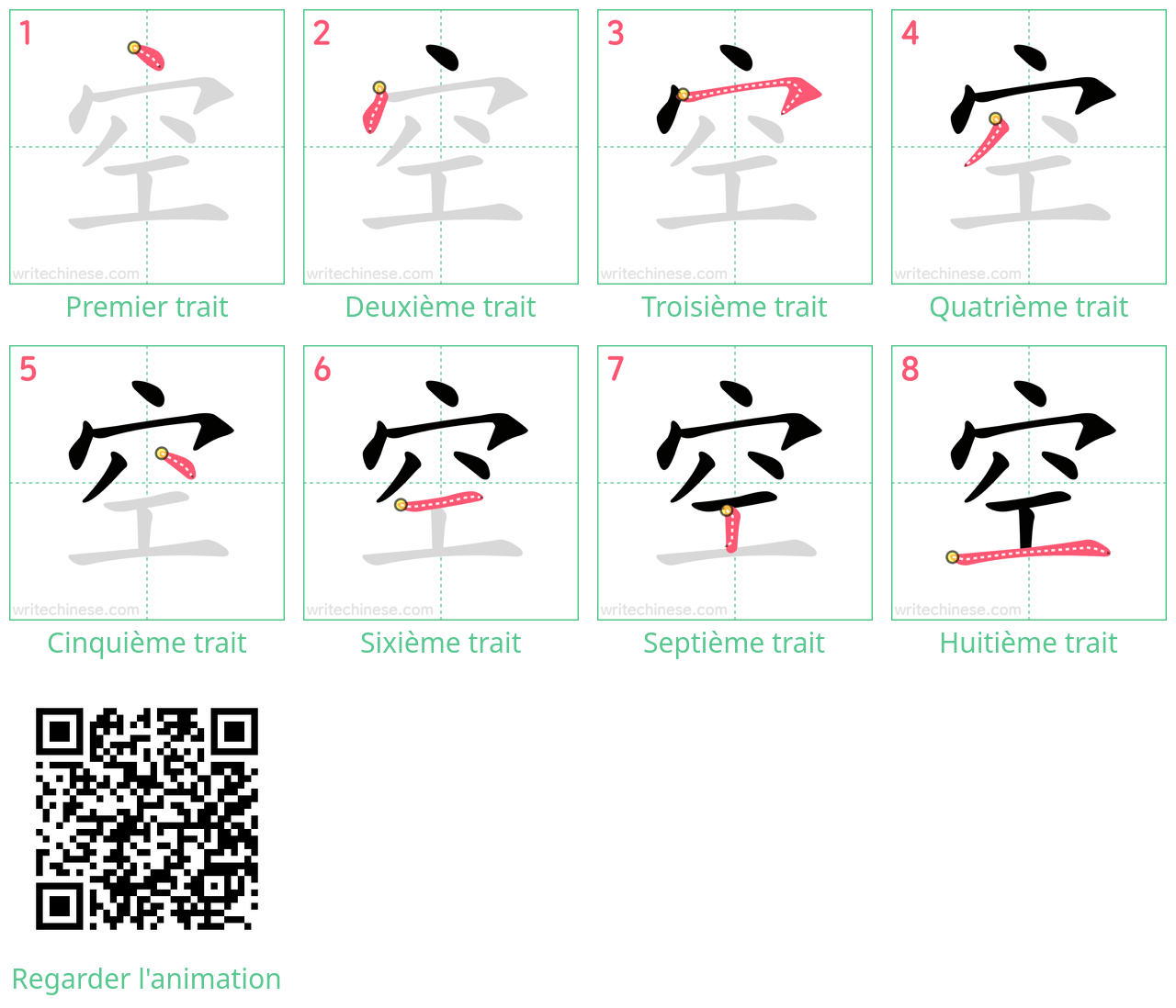 Diagrammes d'ordre des traits étape par étape pour le caractère 空