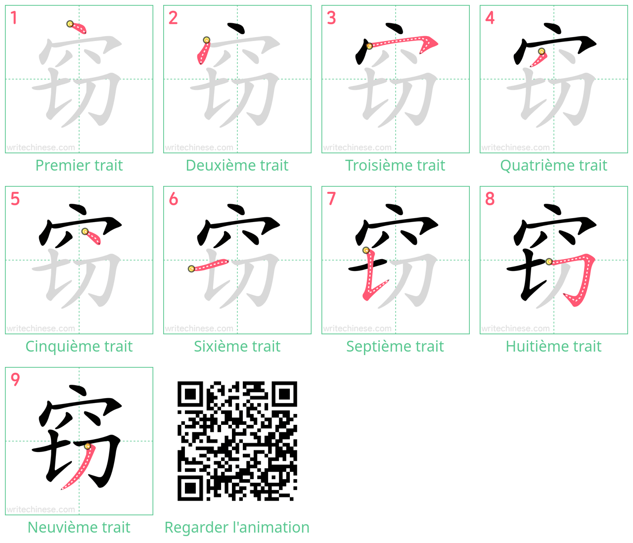 Diagrammes d'ordre des traits étape par étape pour le caractère 窃