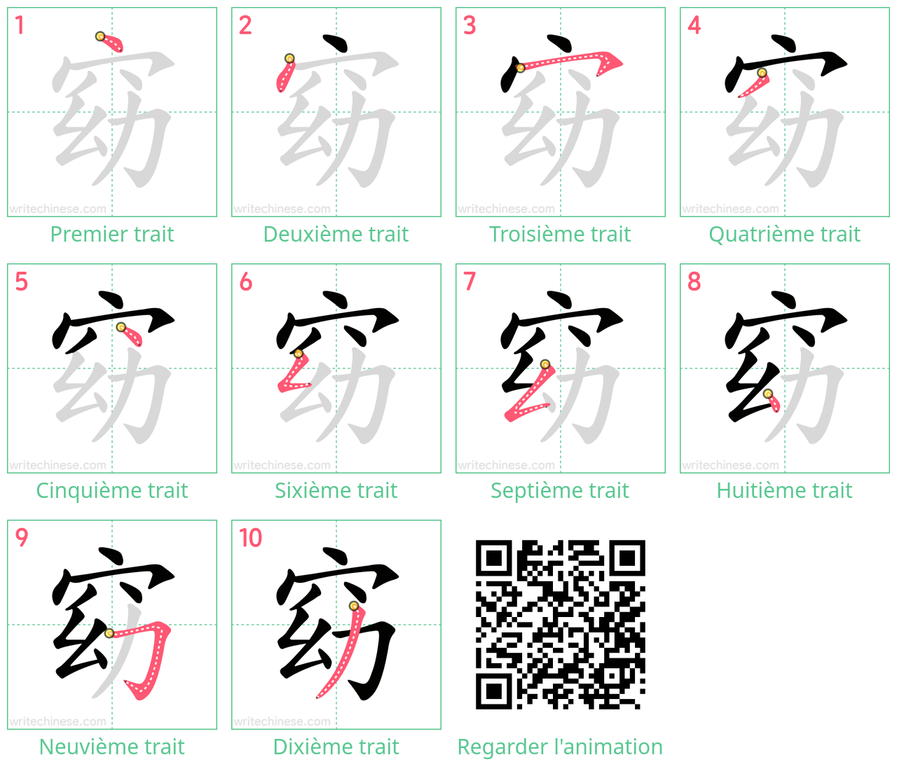 Diagrammes d'ordre des traits étape par étape pour le caractère 窈