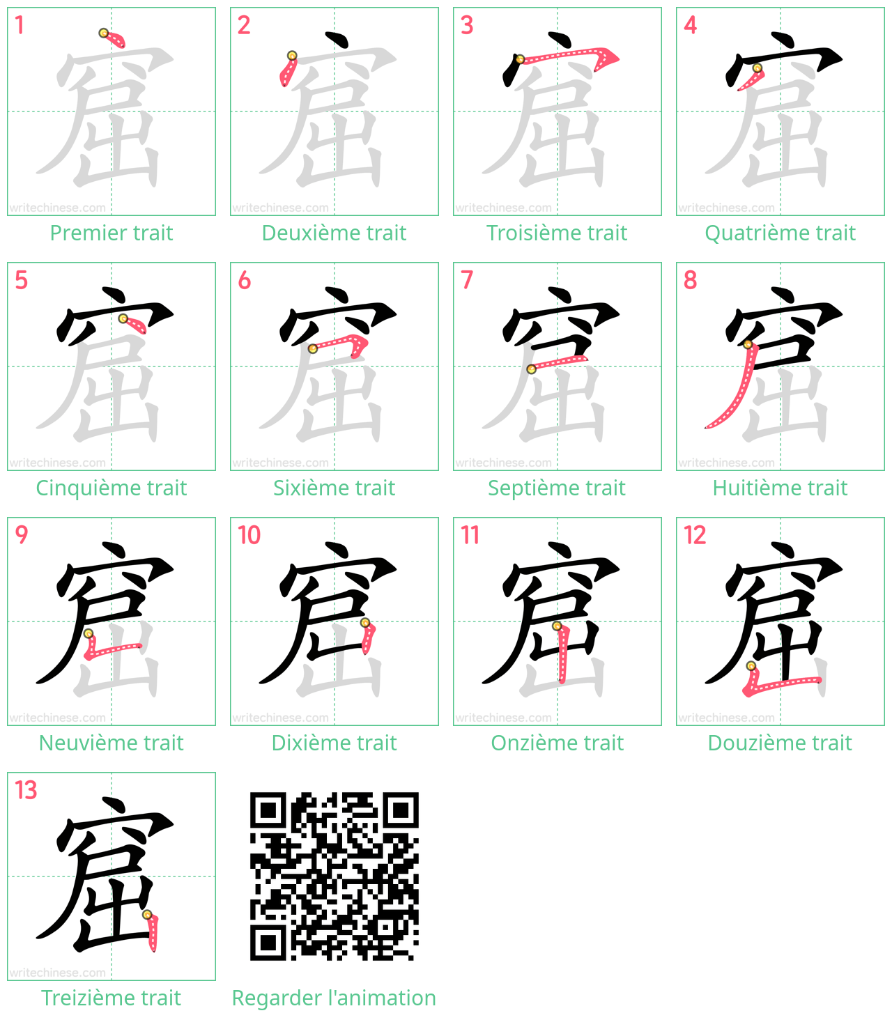Diagrammes d'ordre des traits étape par étape pour le caractère 窟