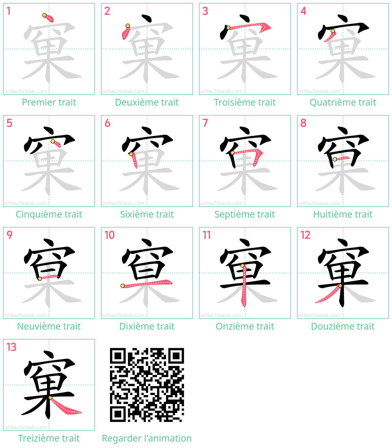 Diagrammes d'ordre des traits étape par étape pour le caractère 窠