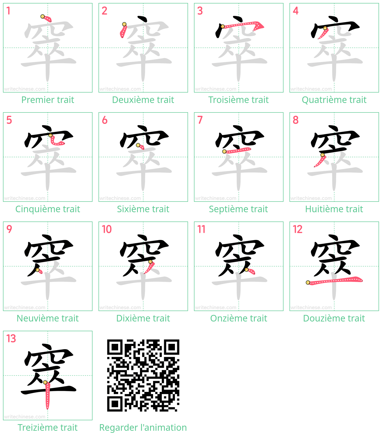 Diagrammes d'ordre des traits étape par étape pour le caractère 窣