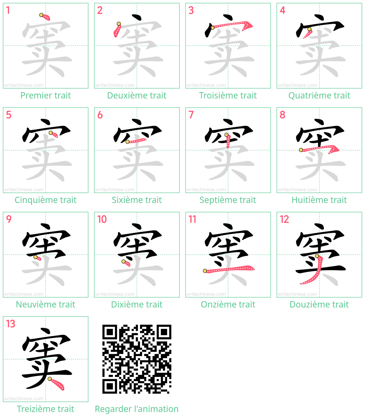 Diagrammes d'ordre des traits étape par étape pour le caractère 窦