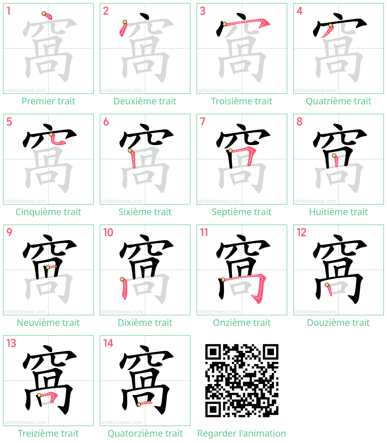 Diagrammes d'ordre des traits étape par étape pour le caractère 窩