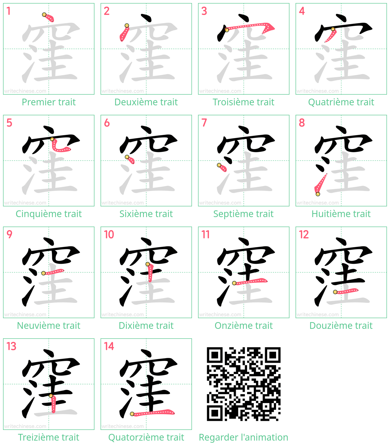 Diagrammes d'ordre des traits étape par étape pour le caractère 窪