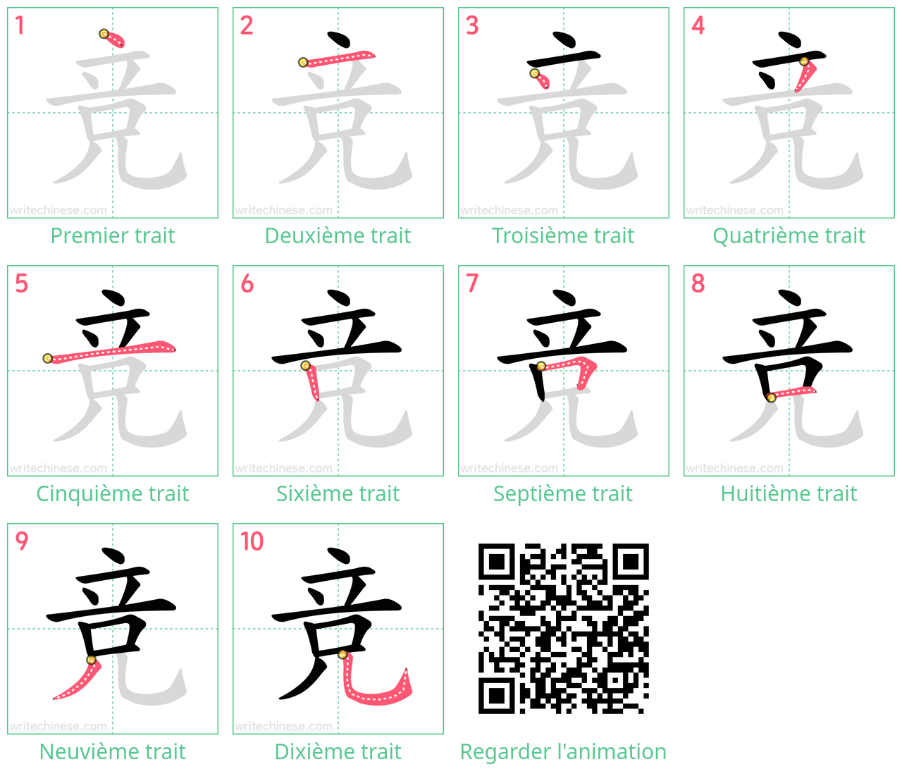 Diagrammes d'ordre des traits étape par étape pour le caractère 竞