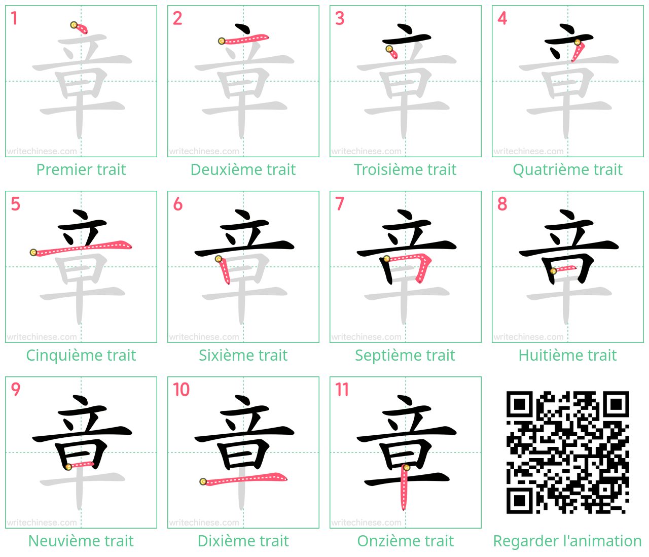 Diagrammes d'ordre des traits étape par étape pour le caractère 章