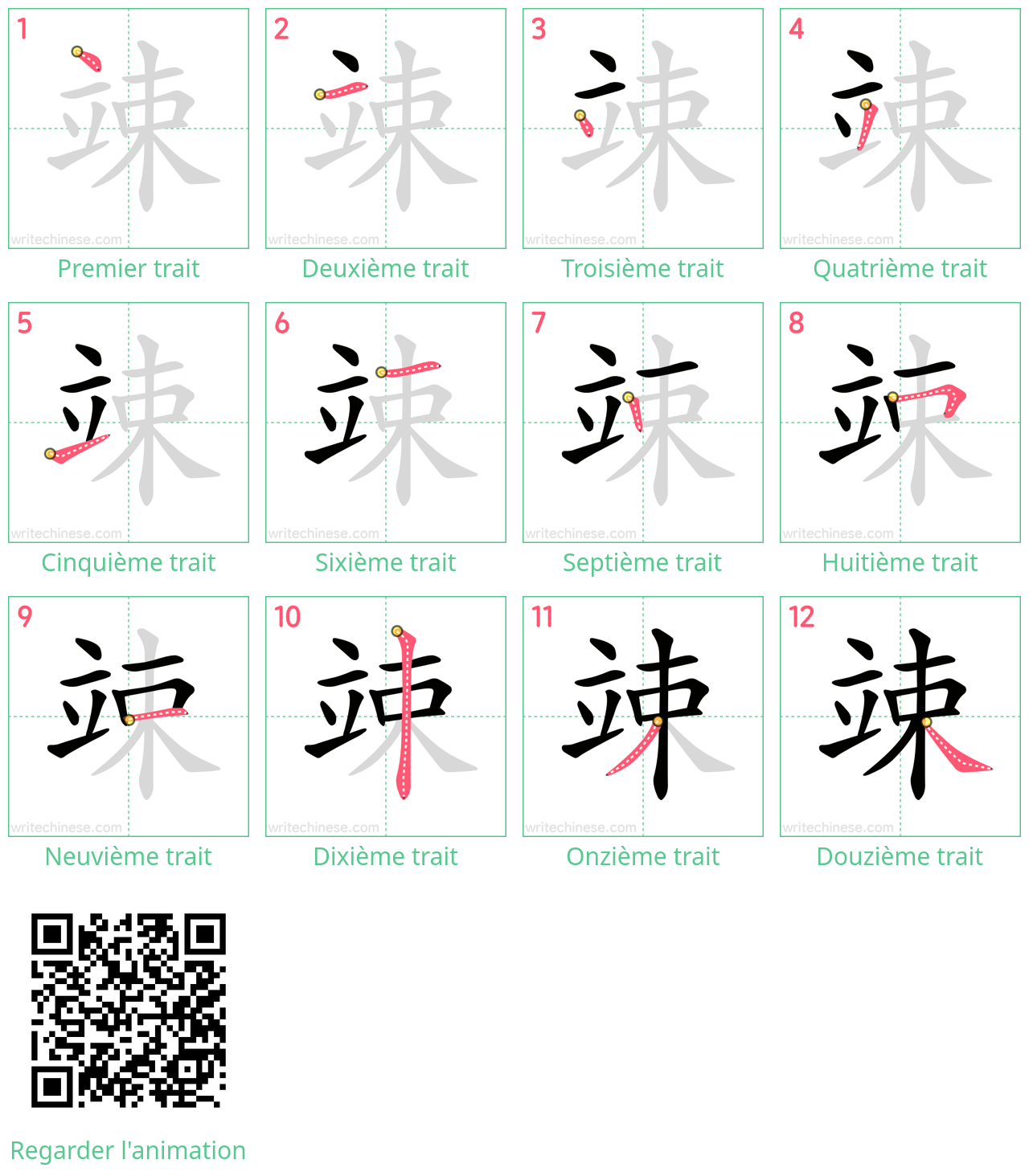 Diagrammes d'ordre des traits étape par étape pour le caractère 竦