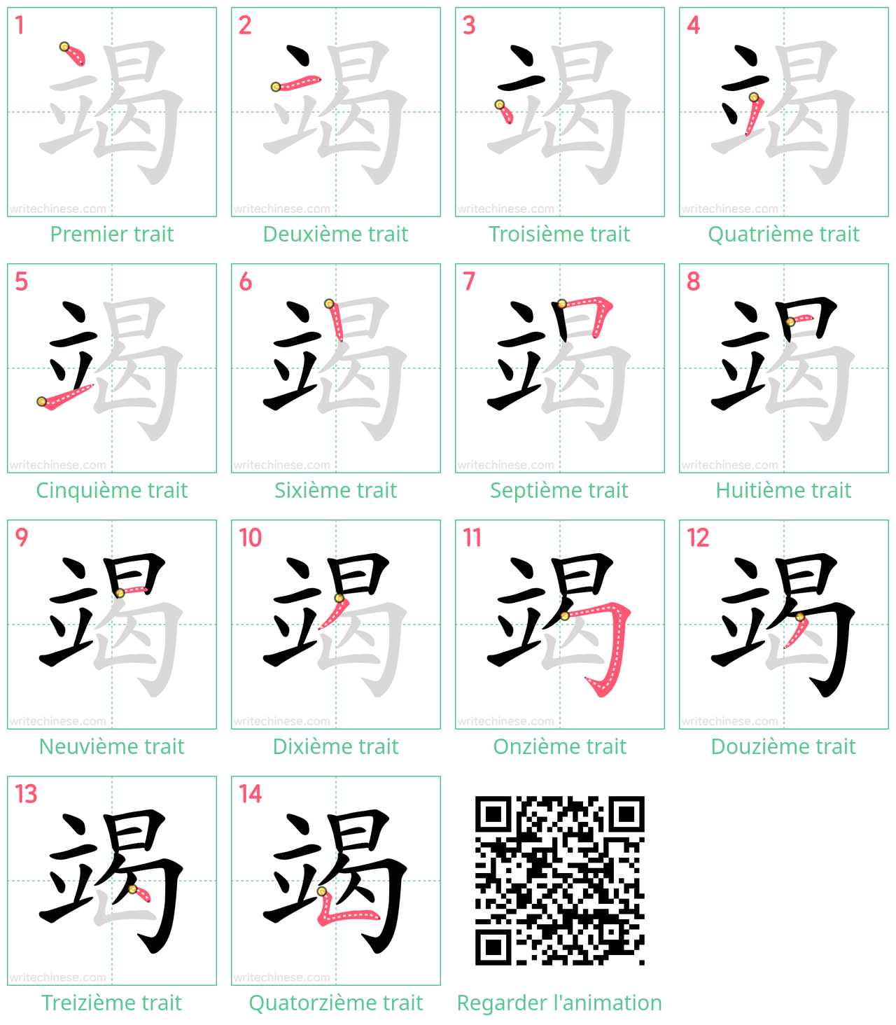 Diagrammes d'ordre des traits étape par étape pour le caractère 竭