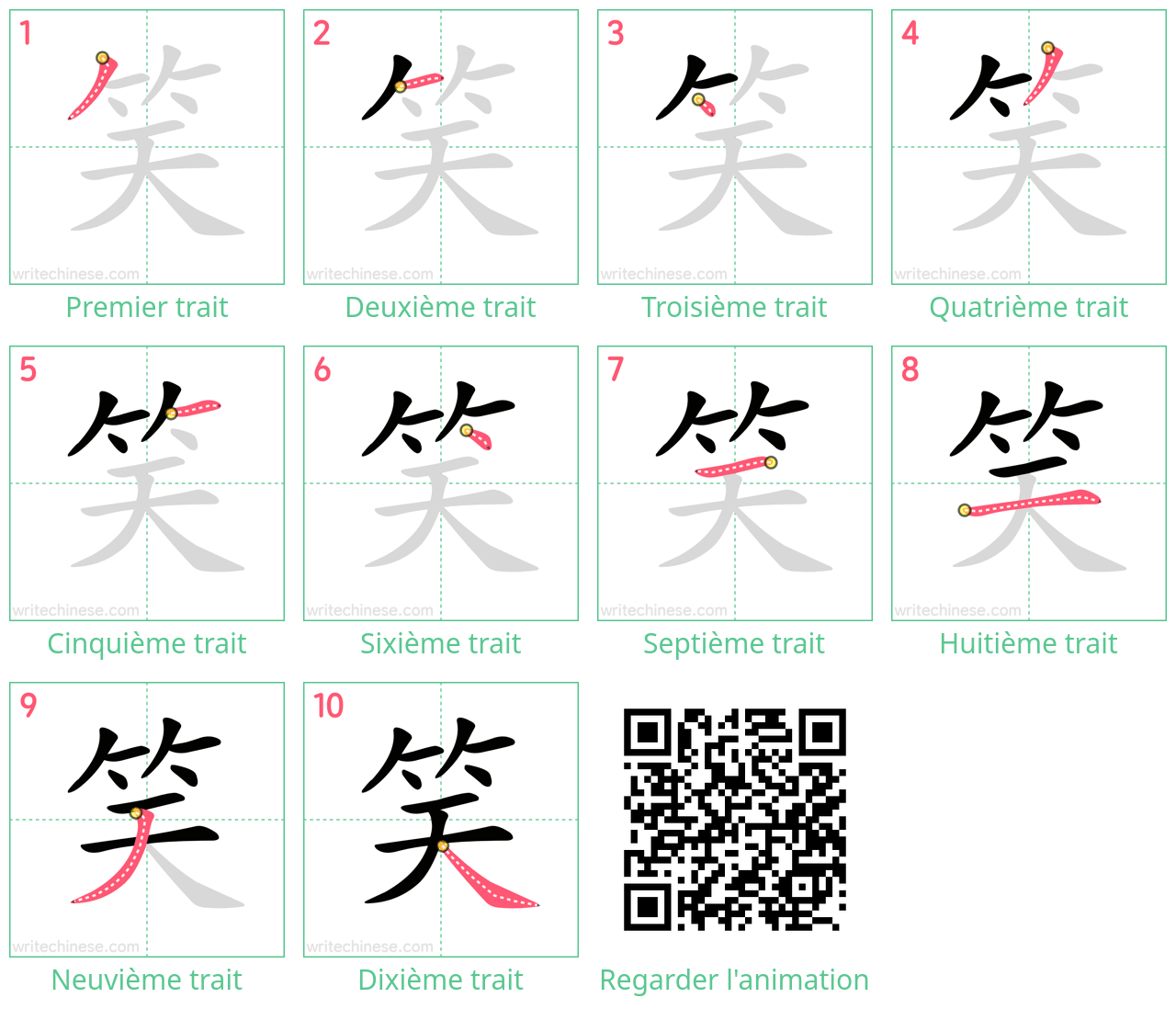 Diagrammes d'ordre des traits étape par étape pour le caractère 笑