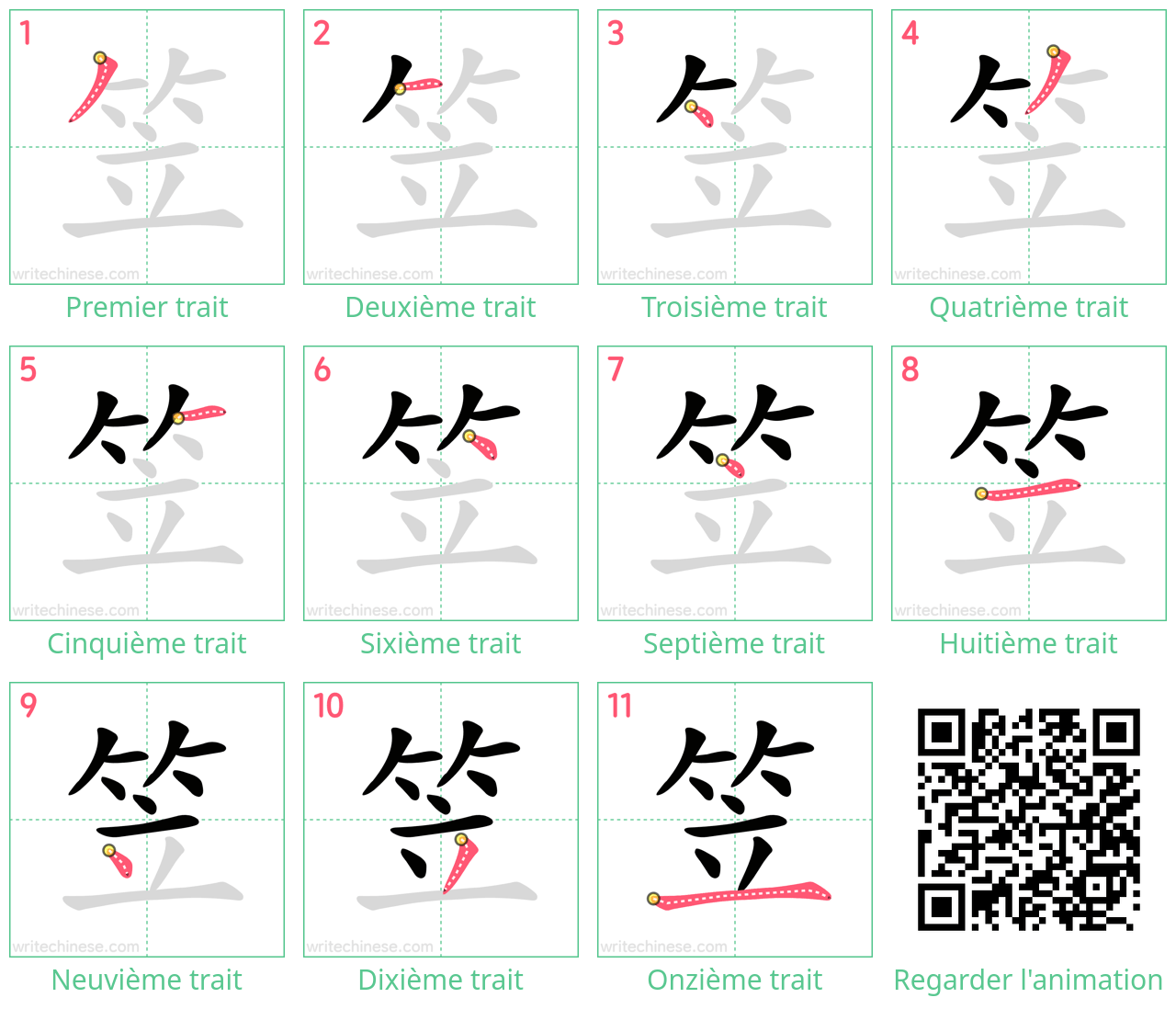 Diagrammes d'ordre des traits étape par étape pour le caractère 笠