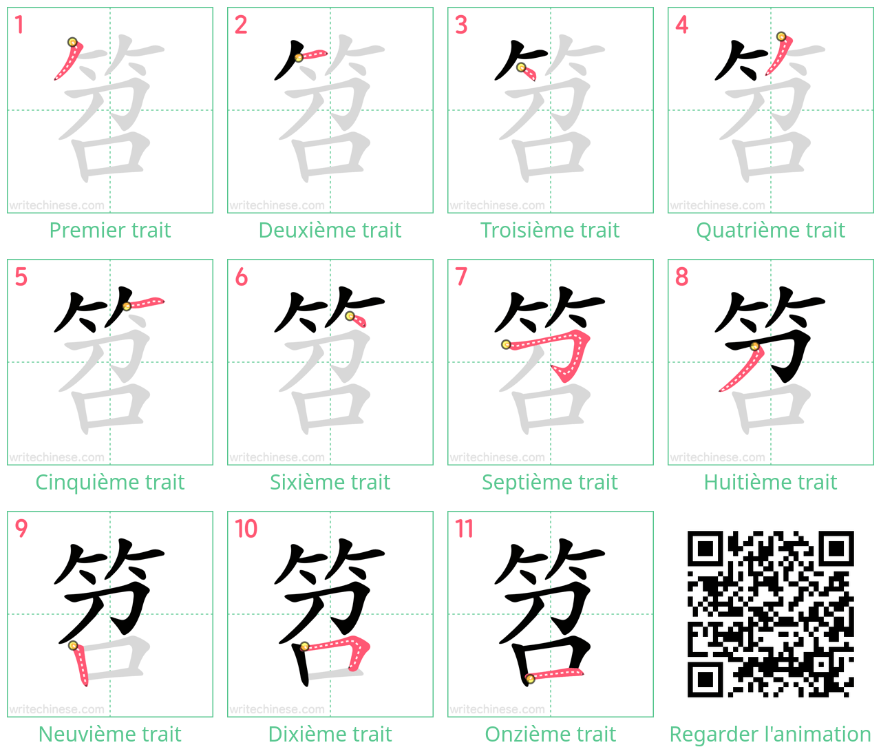 Diagrammes d'ordre des traits étape par étape pour le caractère 笤