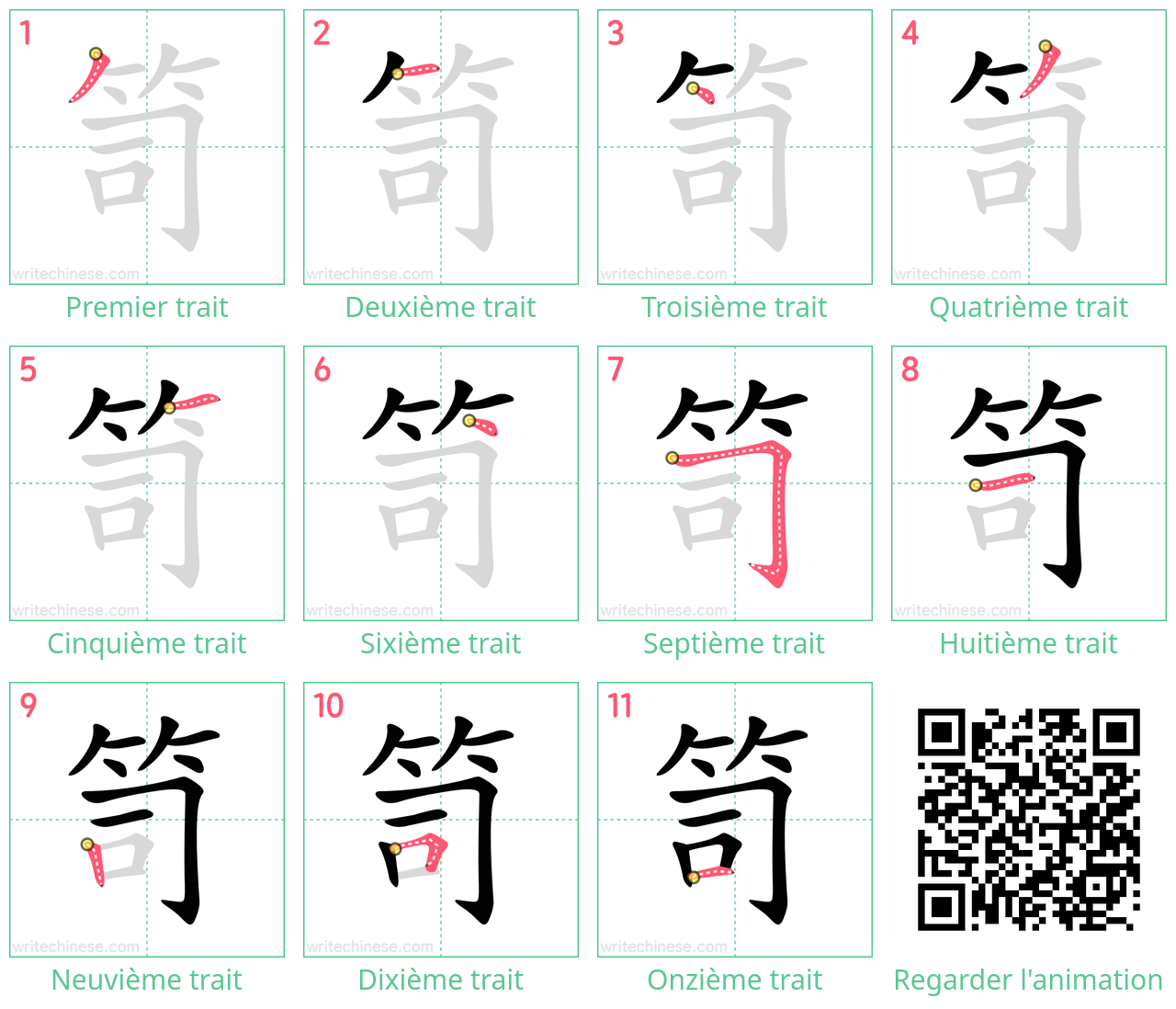 Diagrammes d'ordre des traits étape par étape pour le caractère 笥