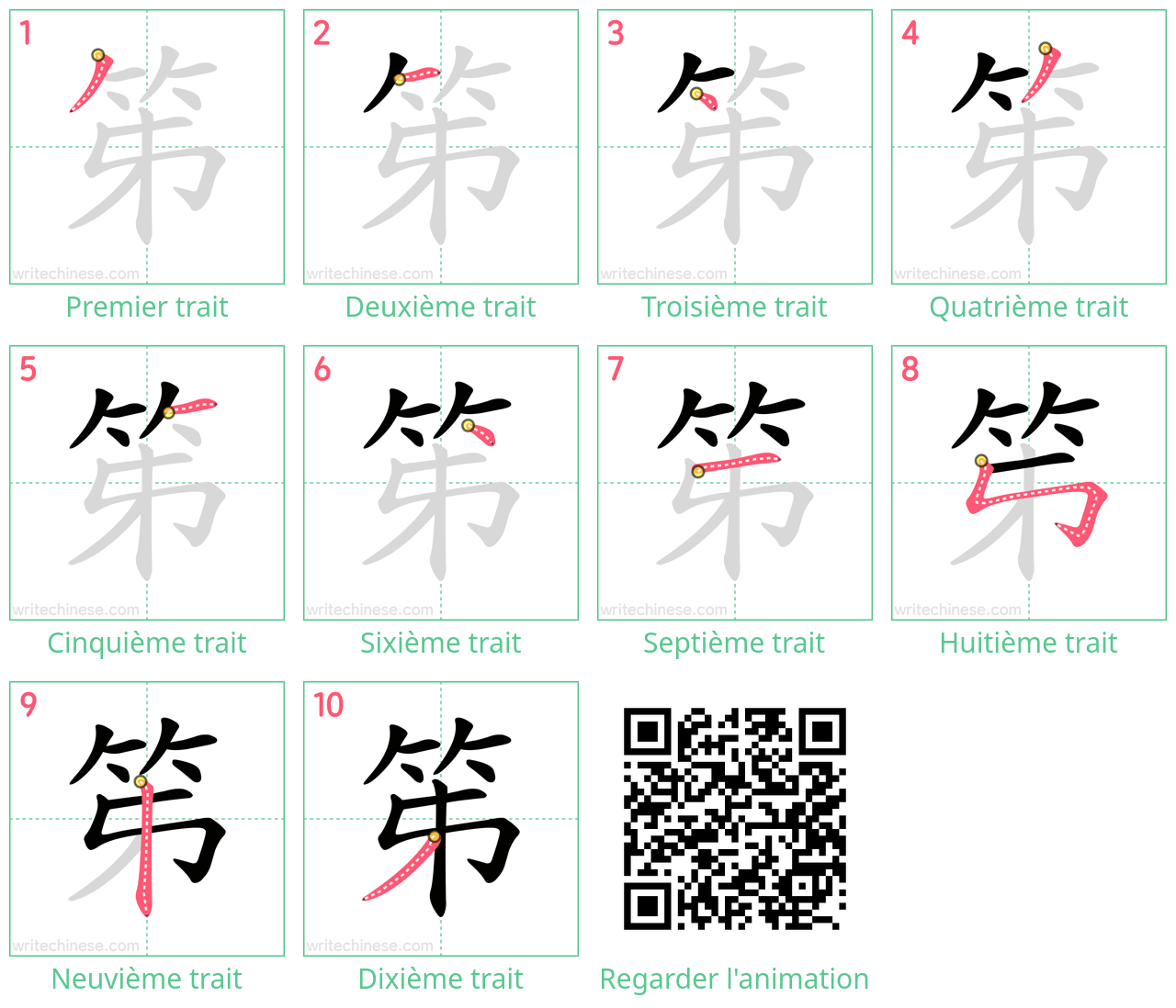 Diagrammes d'ordre des traits étape par étape pour le caractère 笫