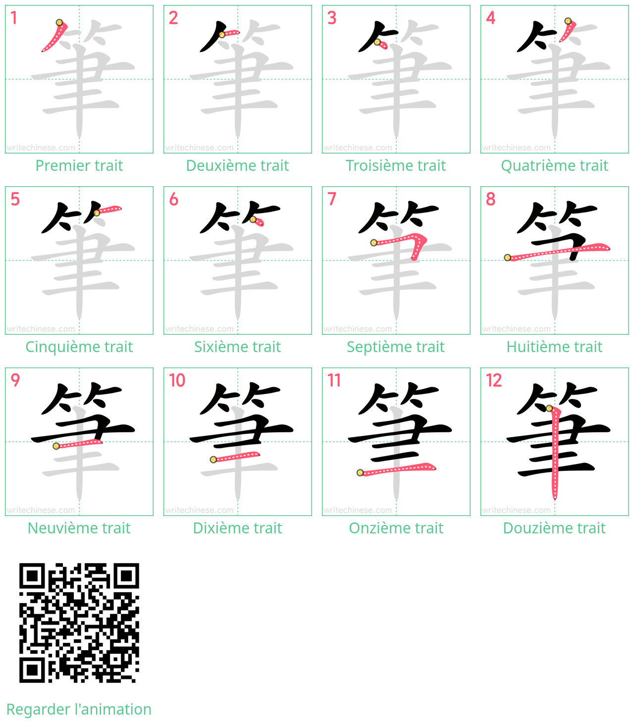 Diagrammes d'ordre des traits étape par étape pour le caractère 筆