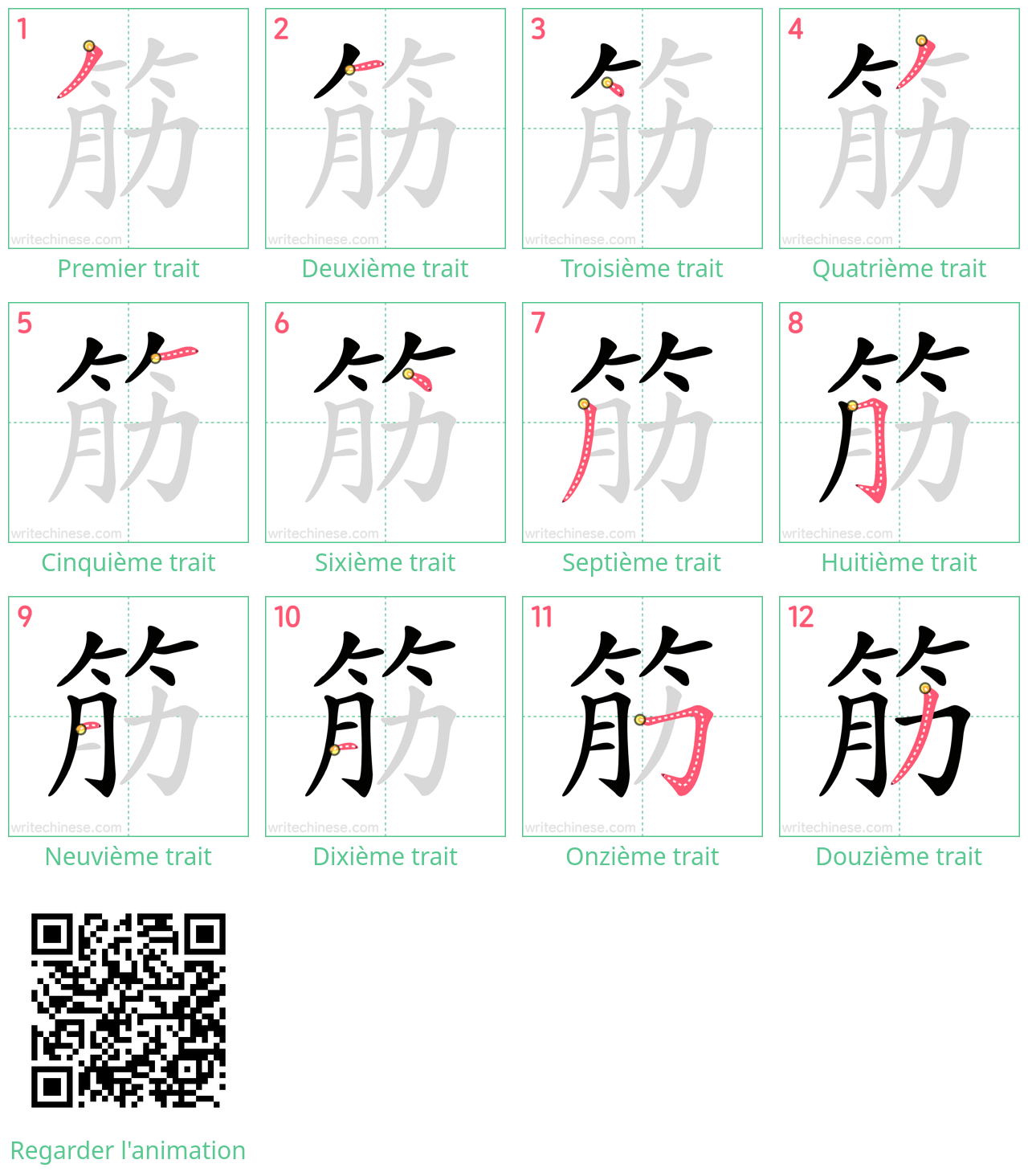 Diagrammes d'ordre des traits étape par étape pour le caractère 筋