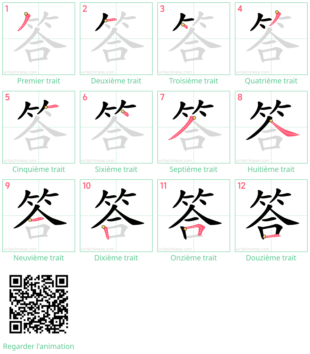 Diagrammes d'ordre des traits étape par étape pour le caractère 答