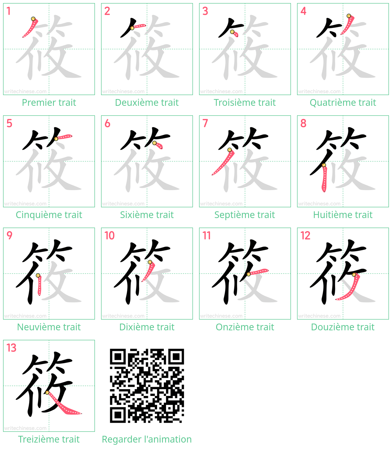 Diagrammes d'ordre des traits étape par étape pour le caractère 筱