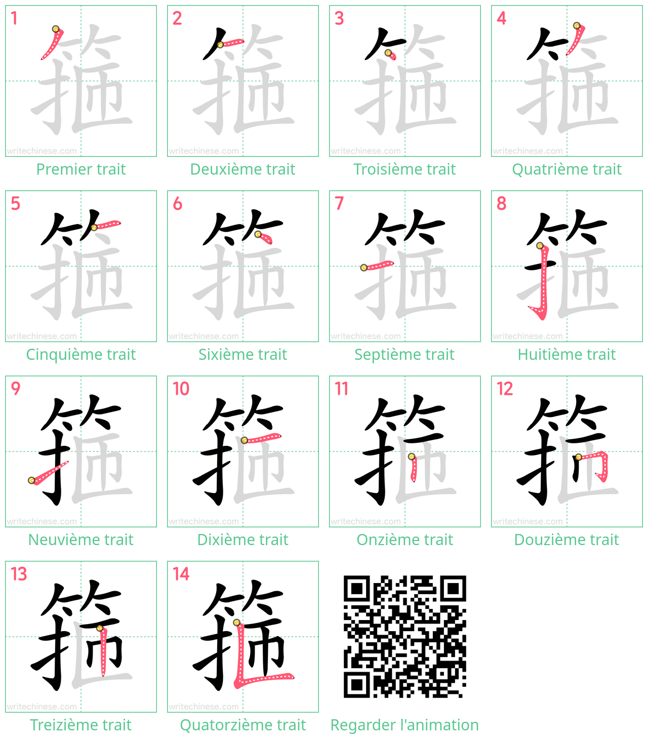 Diagrammes d'ordre des traits étape par étape pour le caractère 箍