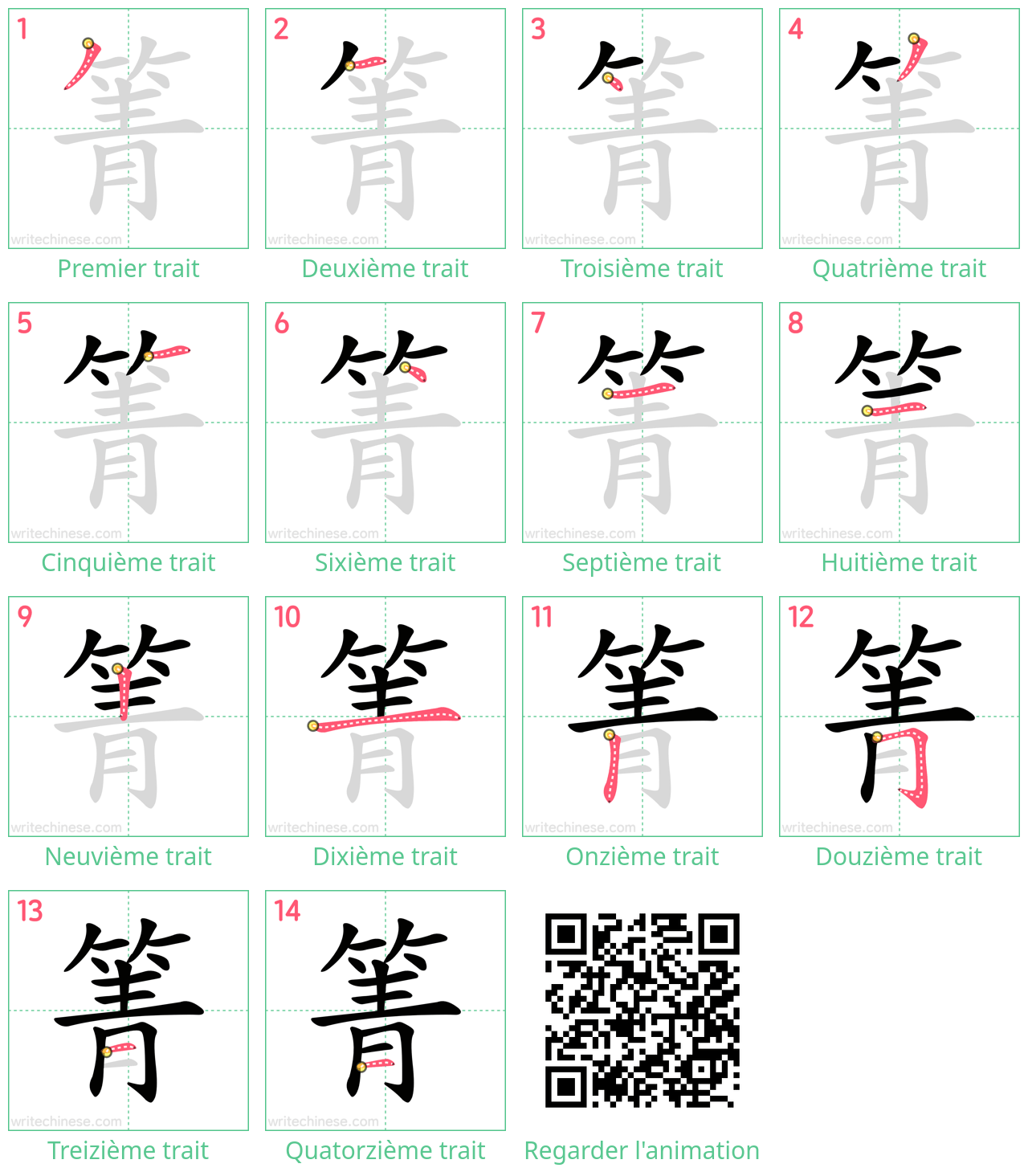 Diagrammes d'ordre des traits étape par étape pour le caractère 箐