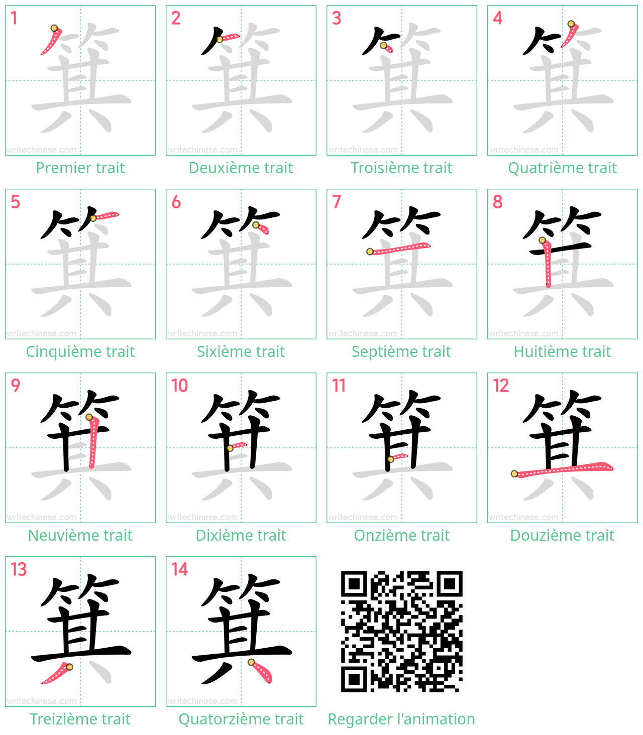 Diagrammes d'ordre des traits étape par étape pour le caractère 箕