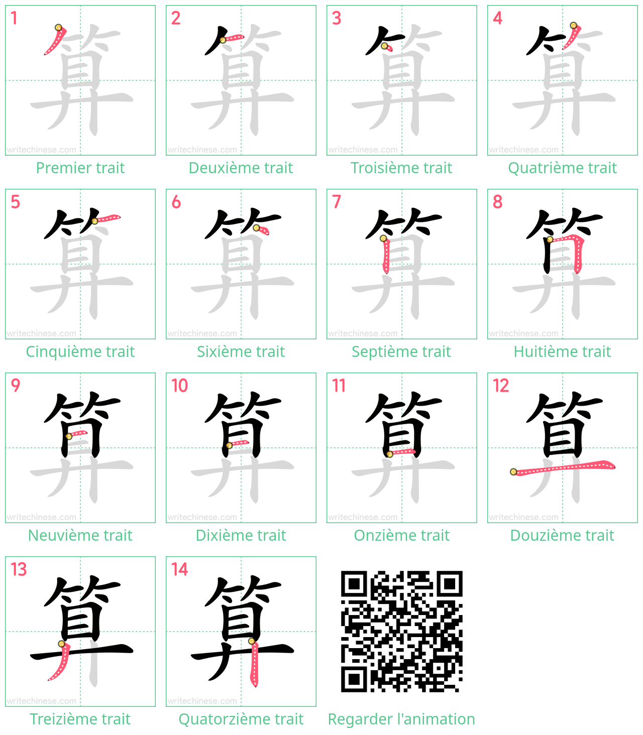 Diagrammes d'ordre des traits étape par étape pour le caractère 算