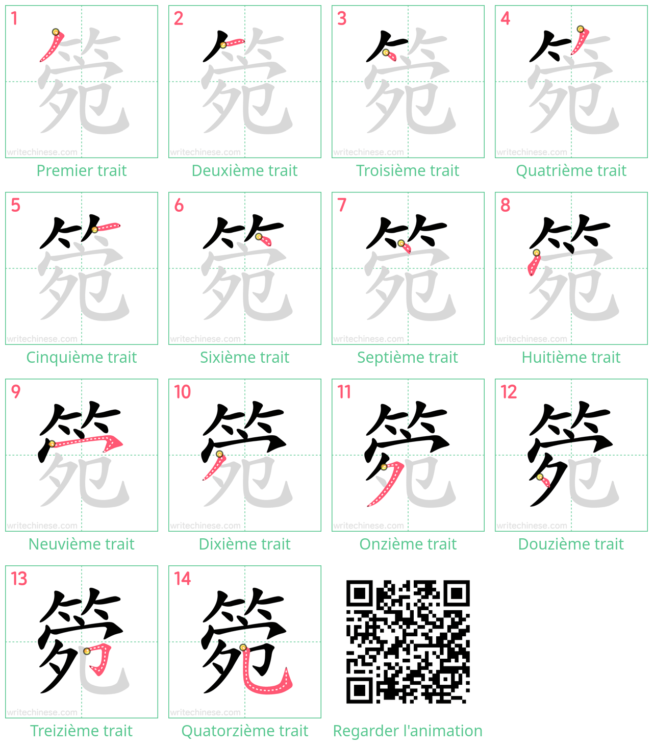 Diagrammes d'ordre des traits étape par étape pour le caractère 箢