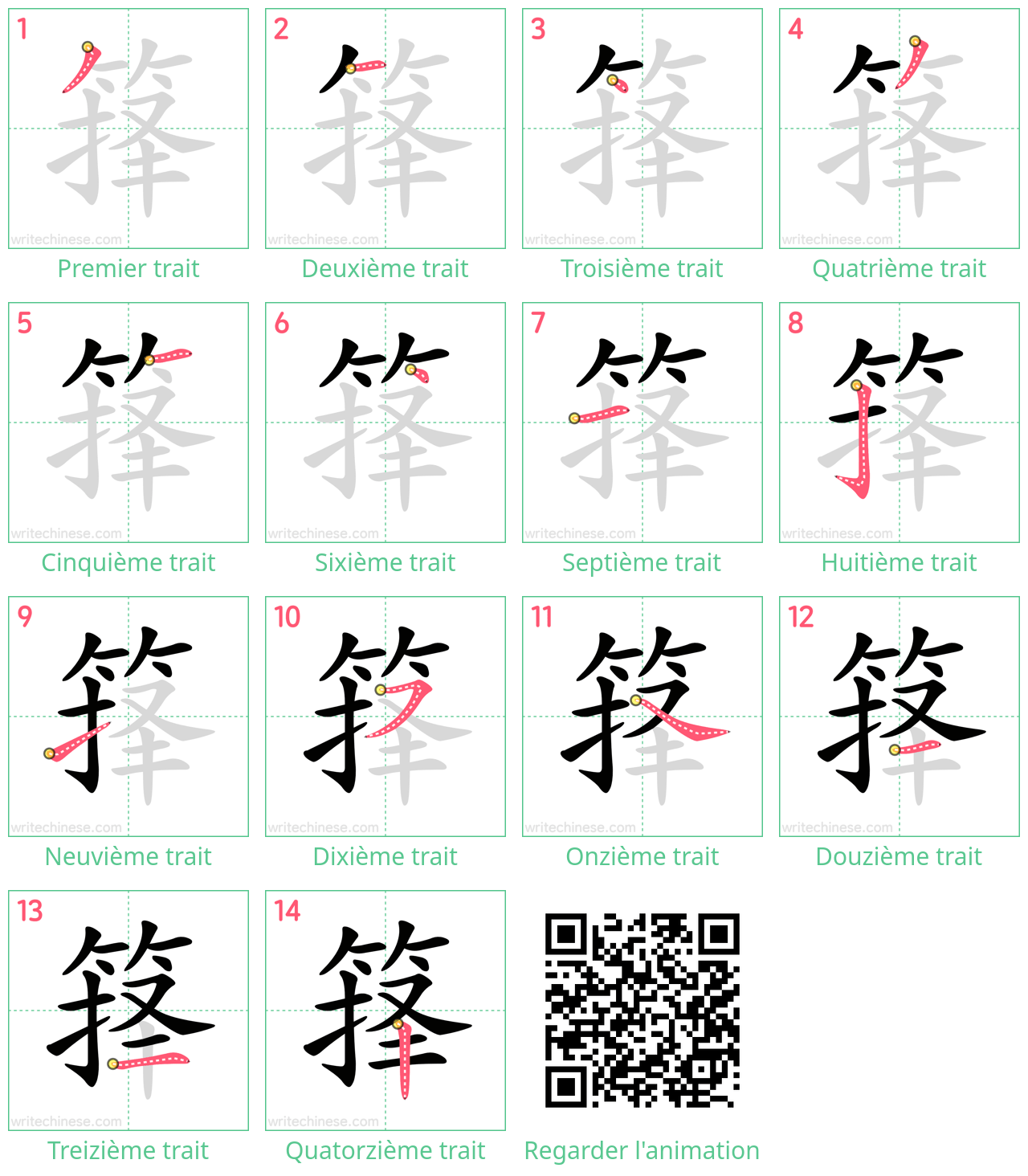 Diagrammes d'ordre des traits étape par étape pour le caractère 箨