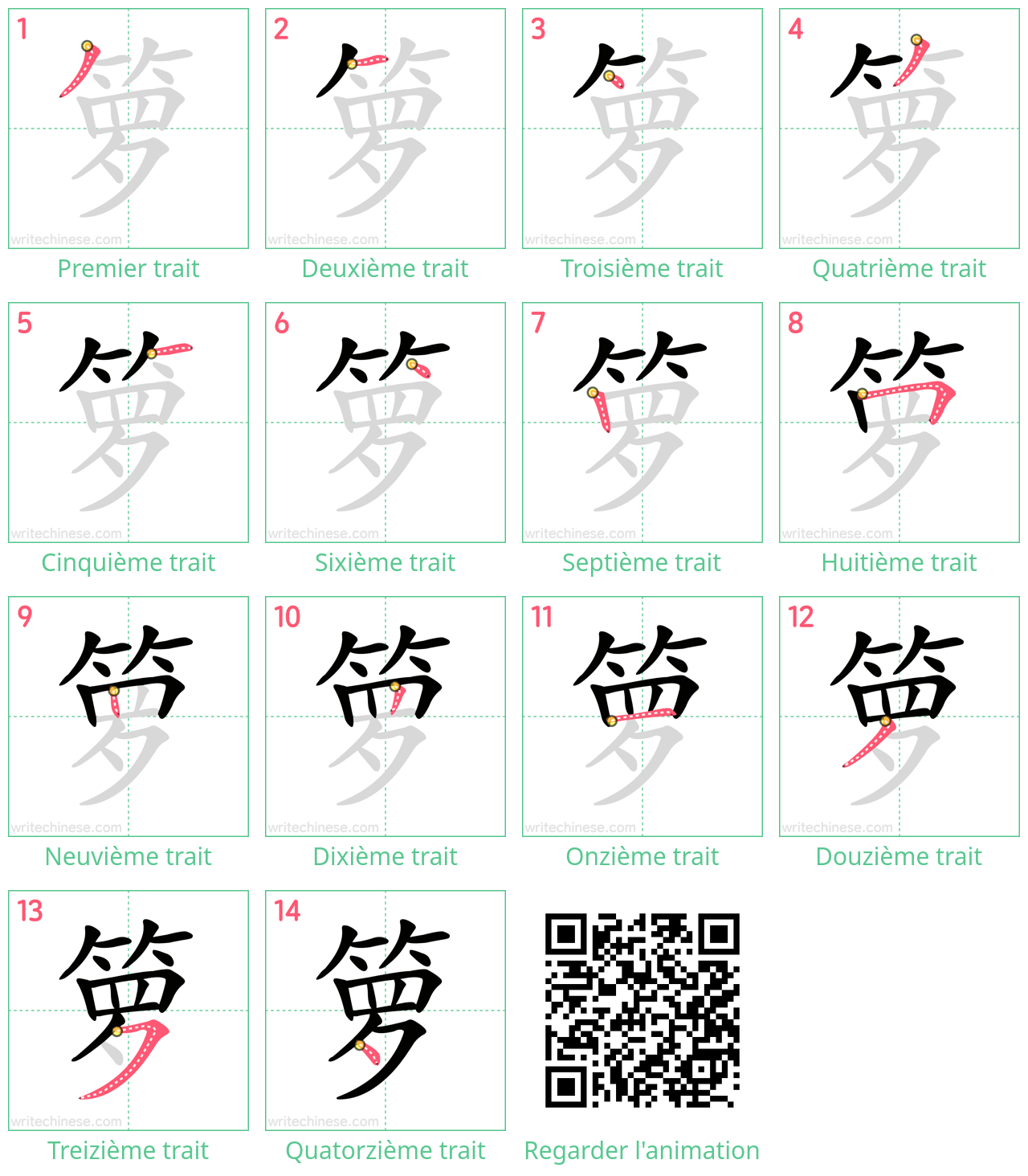 Diagrammes d'ordre des traits étape par étape pour le caractère 箩